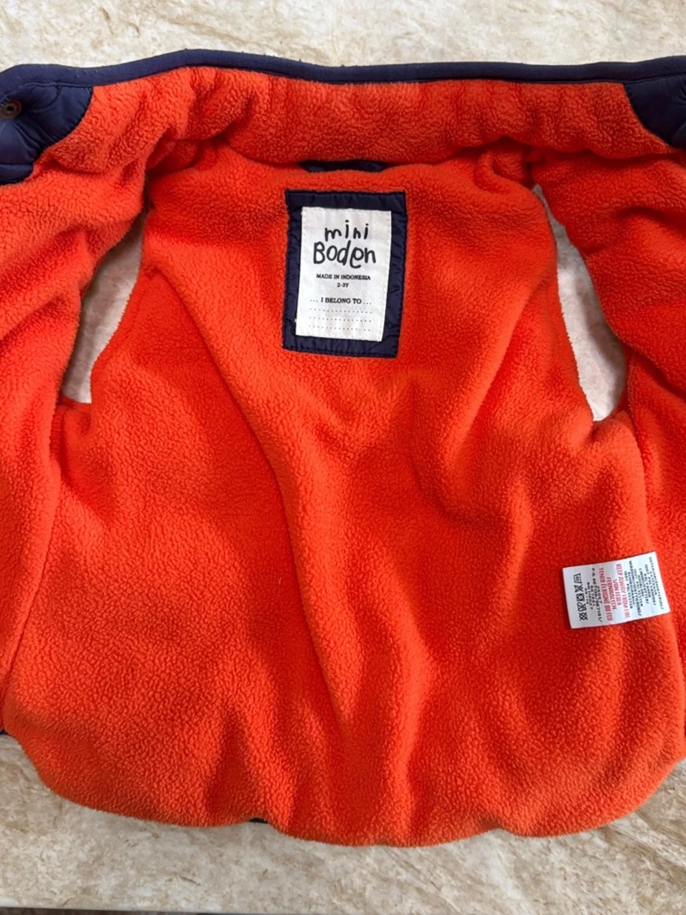 Mini Boden Navy Puffer Vest with Orange Lining